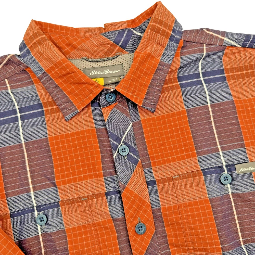 Eddie Bauer Shirt Large Orange Navy Plaid Short Sleeve Outdoor Mesh Yoke Utility